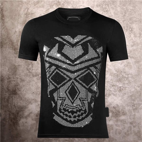 

german fashion brand pp machine skull head printing drill men's printing phillip plain casual round neck slim thin short sleeve t-shirt, White;black