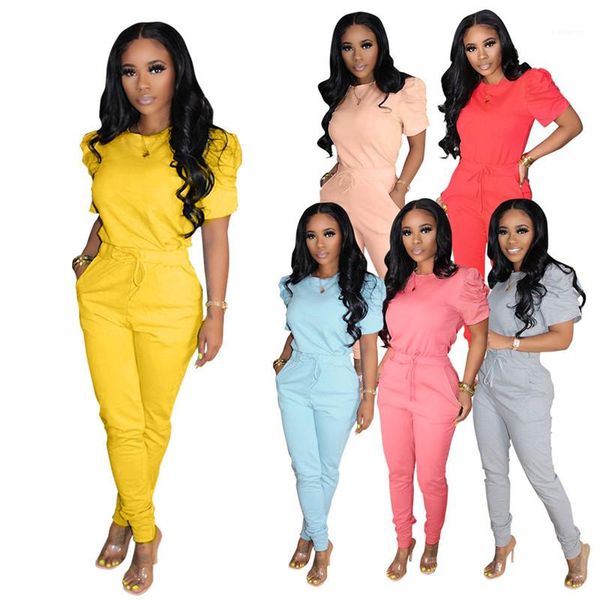 

tracksuits fashion stacked short sleeve long pants womens 2pcs sets casual females clothing womens solid color, Gray