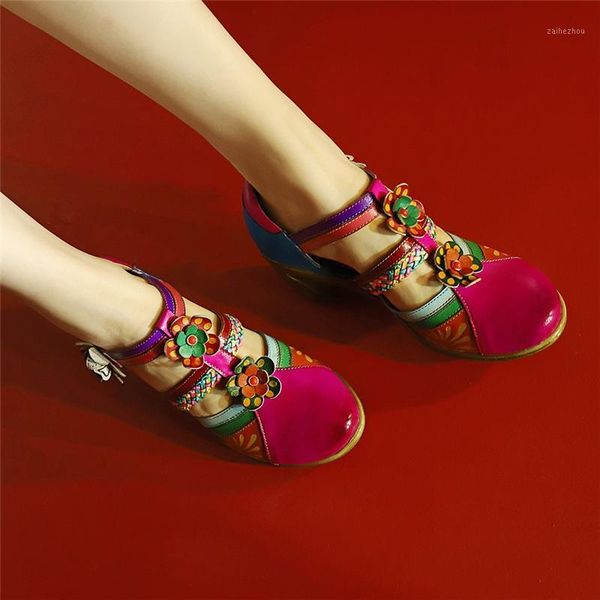 

women genuine leather sandals woman shoes with flower 2020 summer med heel big size hook&loop new design, Black
