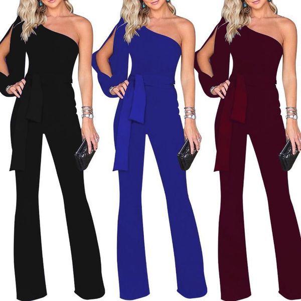 

women's trousers jumpsuit classic solid color oblique collar button one-piece wide-leg pants women1, Black;white