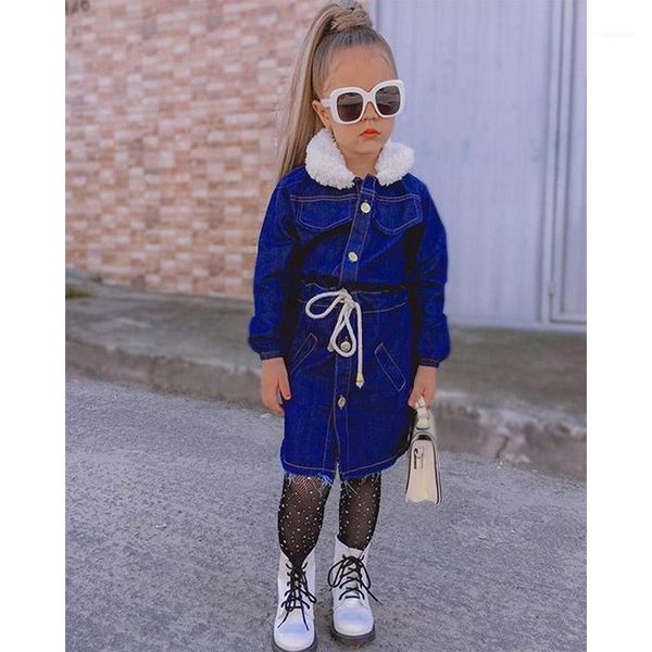

jackets fashion autumn winter kids girls wool coats blue denim long sleeve single breasted fur collar jacket 1-6y1, Blue;gray