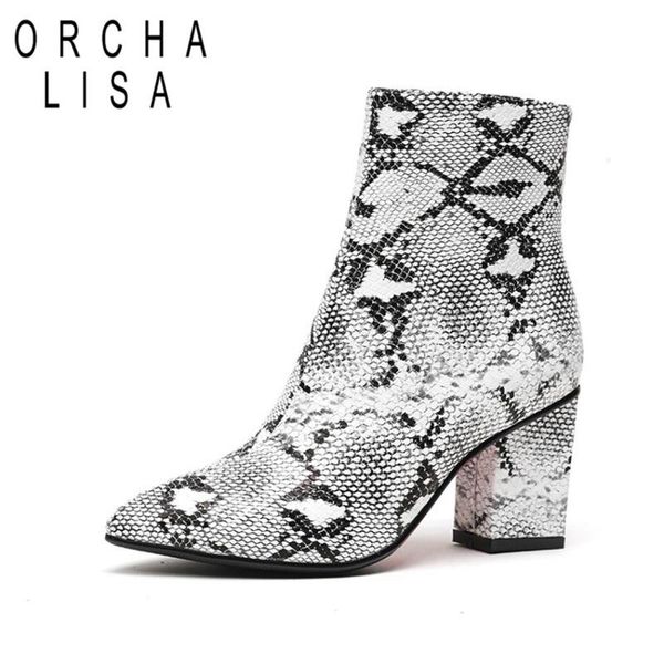 

orcha lisa snake print pu thick high heels ankle boots women zipper pointed toe foot wear female short boots botas mujer c869, Black
