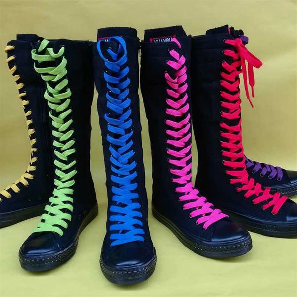 

boots spring autumn women fashion colors cotton shoelaces high canvas sneakers casual shoes side zipper dance flat, Black