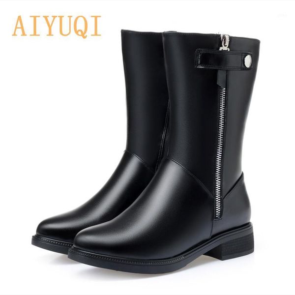 

boots aiyuqi women's genuine leather 2021 warm wool snow women fashionable low heel winter ladies1, Black