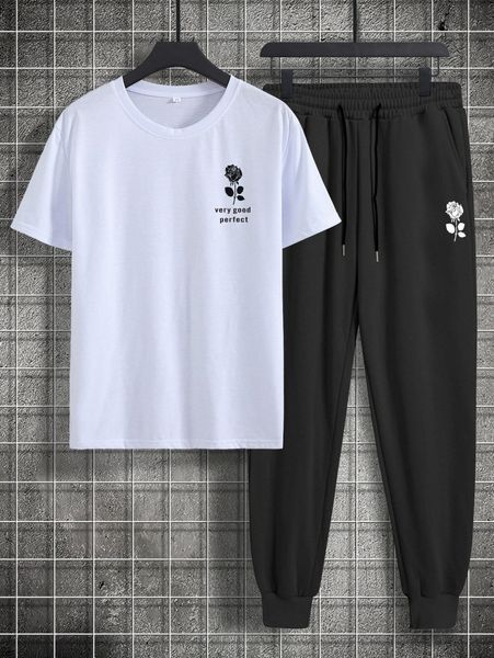 

romwe guys letter floral graphic tee & drawstring sweatpants c4ay#, Gray