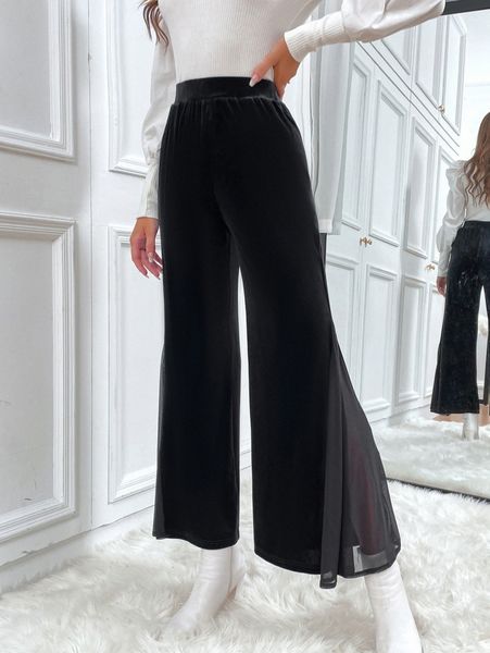 

high waist mesh insert flare leg pants q1gd#, Black;white