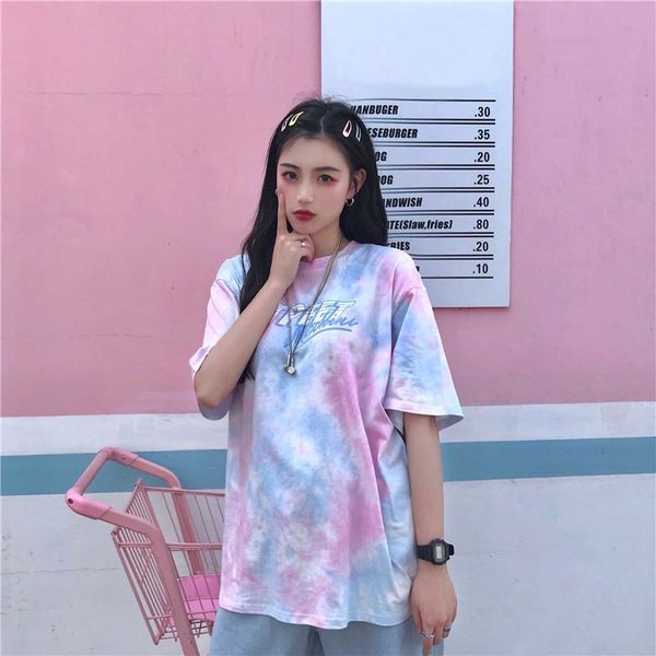 

ulzzang cotton summer new loose tie-dye harajuku casual short-sleeved t-shirt female ins oversize letter print hip-hop tees, White