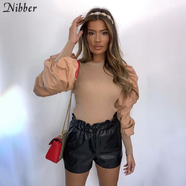 

nibber autumn retro french romantic knitting women office lady high street elegant t-shirt mujer club party night slim tees y200110, White