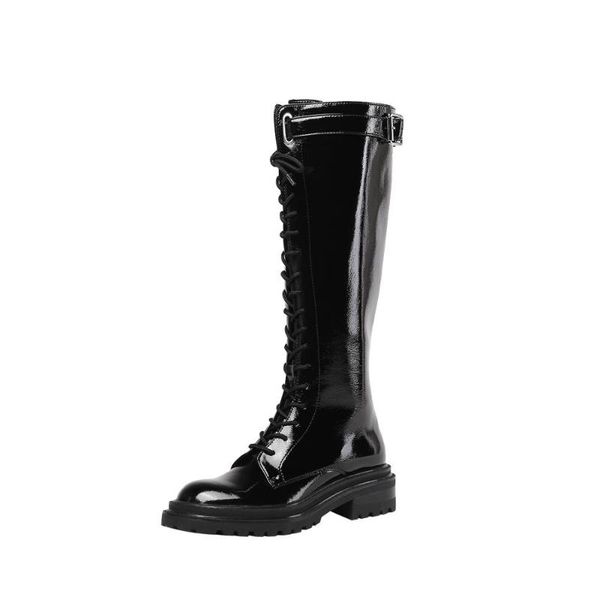 

mkkhou fashion knee-high boots women 2020 new winter patent leather round-head cross lacing mid-heel soft sole straight boots, Black