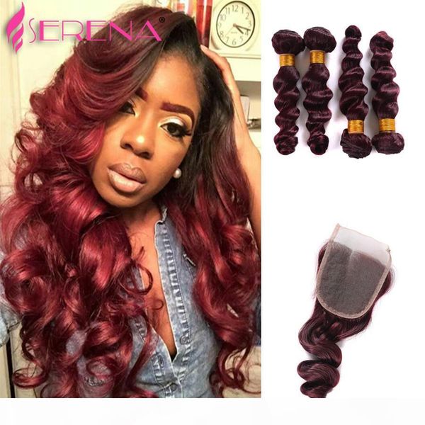 

99j burgundy ombre hair extensions indian hair bundles with closure burgundy hairs bundledeals afro hairs wine red loose wave hair weaves, Black;brown