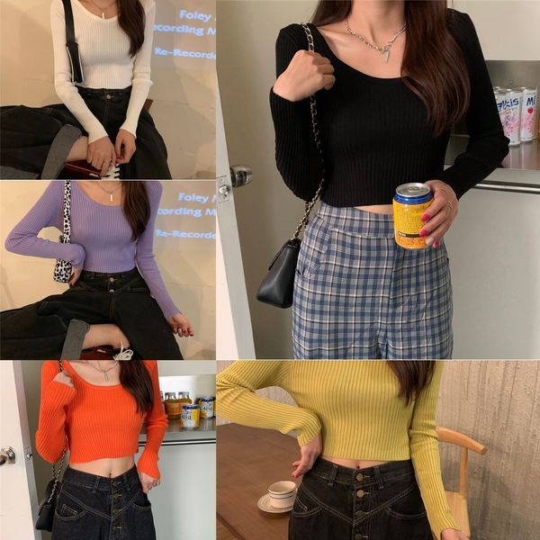 

s0fgg autumn new style tight u-neck bottoming long women's slim and short black jacket slim jacket for sleeve low net red t-shirt neck, White;black