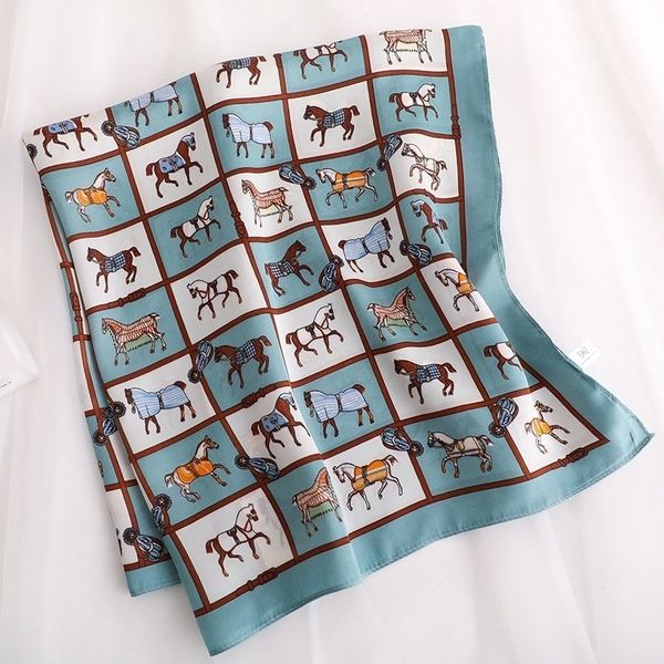 

koi leaping woman fashion horse pattern printing 70x70cm small square scarf silk scarf scarves headscarf gift t200609, Blue;gray