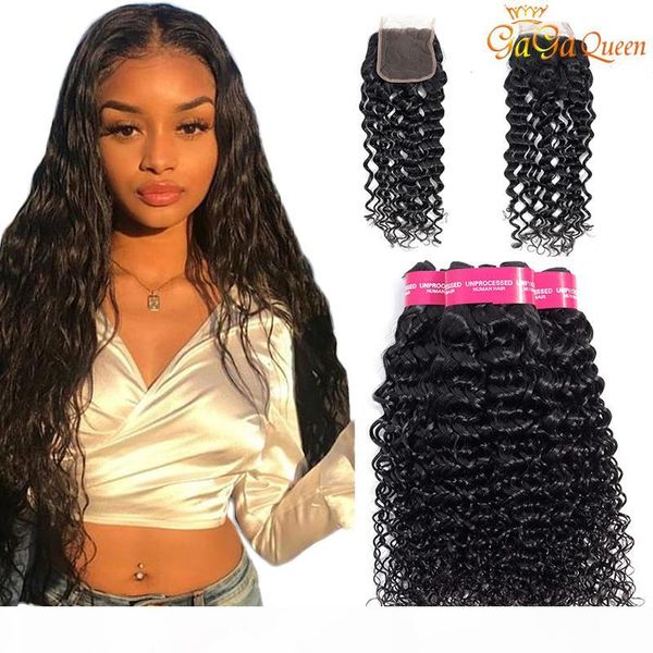 

indian water wave virgin hair with closure indian humman hair weaves with 4x4 closure water wave, Black;brown