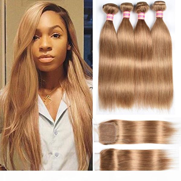 

8a peruvian full head 4pcs virgin human hair weft 3 pcs+1pcs closure(4*4) honey blonde color 27# straight human hair weaves with closure, Black;brown