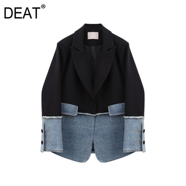 

[deat] women denim spliced hit color split blazer new lapel long sleeve loose fit jacket fashion tide spring autumn 13s186 201114, White;black