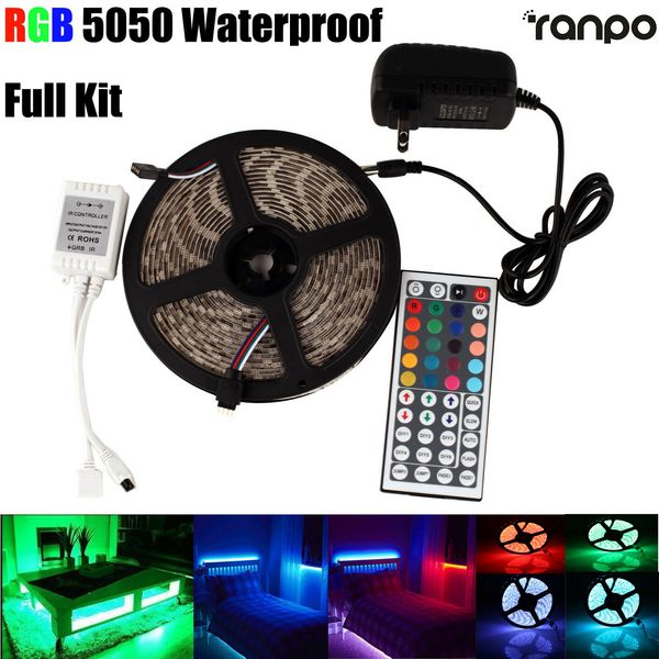 

waterproof 5m rgb 300 leds 60leds/m led strip light 5050 smd 44 key remote control 12v power full kit