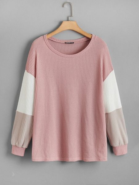 

plus color-block drop shoulder waffle knit tee a8ef#, Black