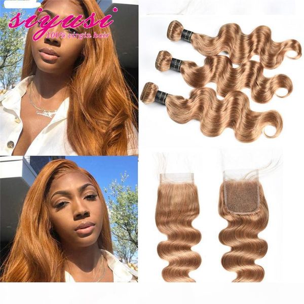 

color 27# honey blonde brazilian body wave human hair 3 4 bundles with lace closure brazilian virgin hair extensions with lace closure, Black;brown