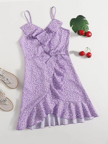 

girls ruffle trim allover plants cami dress she, Red;yellow
