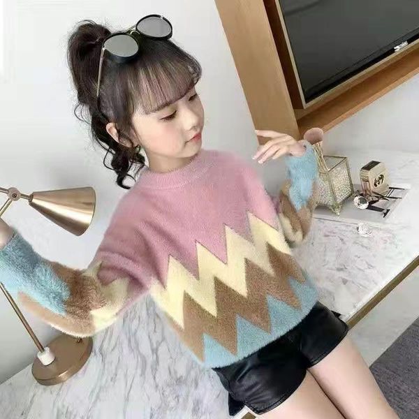 

pullover autumn and winter girls korean style sweater diamond pattern children warm soft mink round-neck knitwear clothing 4-13years, Blue