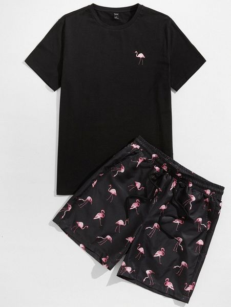 

men flamingo print & shorts set d6vf#, Gray