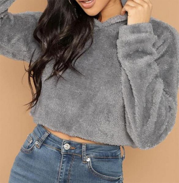 

hoodie sweatshirts women grey minimalist solid drop shoulder crop teddy hoodie sweatshirt autumn casual fashion women pullovers, Black