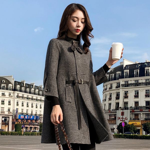 

women's 2020 autumn and winter new fashion mid-length cloak a-line houndstooth woolen coat, Black
