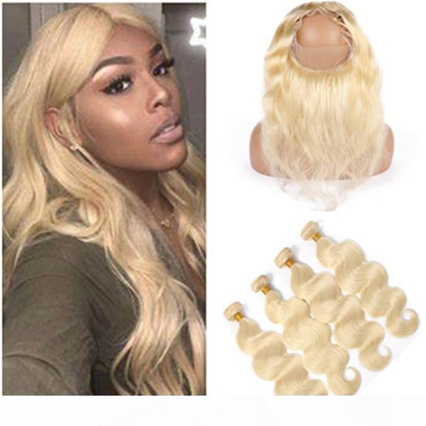 

russian blonde human hair extensions with 360 closure #613 blonde body wave virgin hair weaves 4bundles with 360 full lace frontals, Black;brown