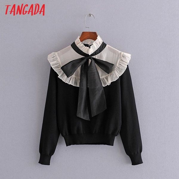 

tangada women organza pathcwork knitted sweater jumper bow neck female pullovers chic 3h724, White;black