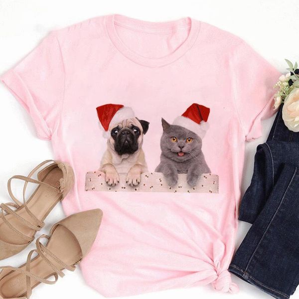 

zoganki women fashion cartoon short sleeve tshirts merry christmas funny cat dogs print pink t-shirt female casual, White