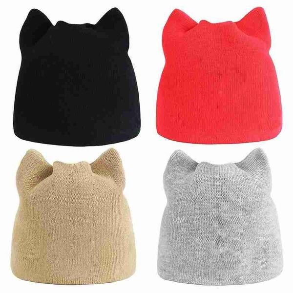 

cat ear knit pullover cap beanies women solid color simple warm earmuffs hat girls cute winter knitted skullies beanies, Blue;gray