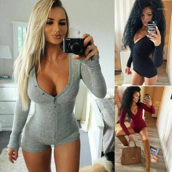 

women deep v neck playsuit bodycon clubwear jumpsuit solid color casual long sleeve romper bodysuit club short pants1, Black;white