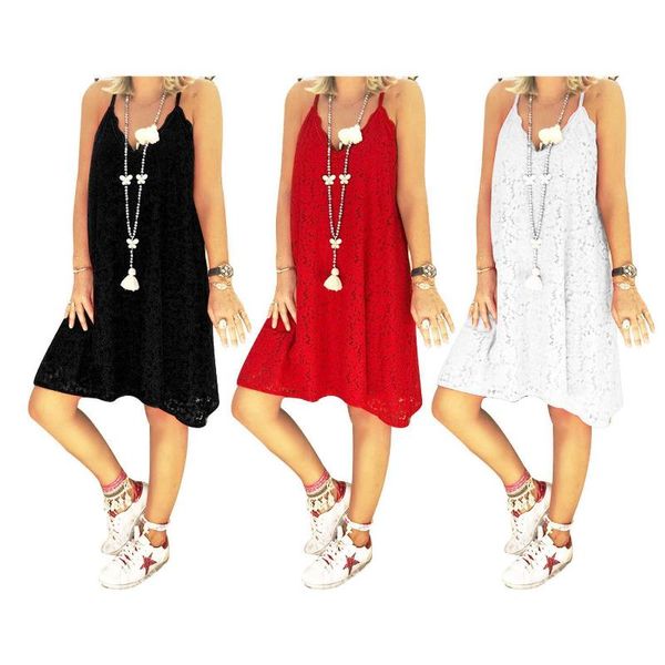 

women's summer solid color sleeveless v-neck strap lace loose dress, Black;gray