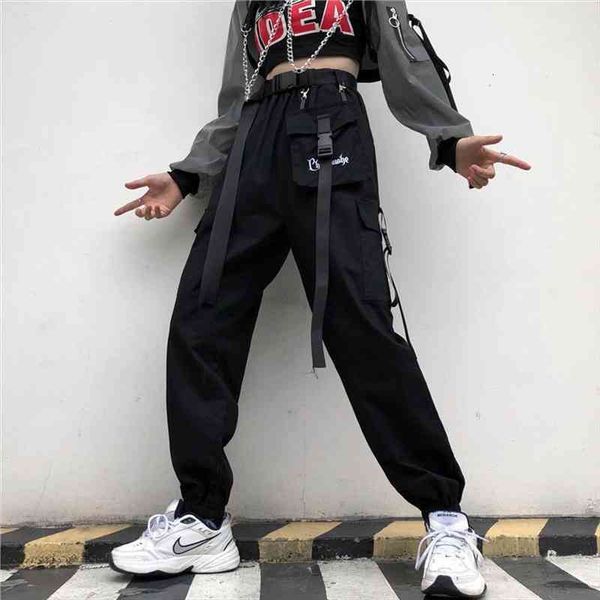 

streetwear women cargo pants korean fashion elastic waist hip hop harem pants harajuku techwear joggers trousers female, Black;white