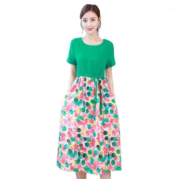 

women summer new dress fashion patchwork colorful bubbles print coton linen dress cool young color block loose leisure dresses1, Black;gray