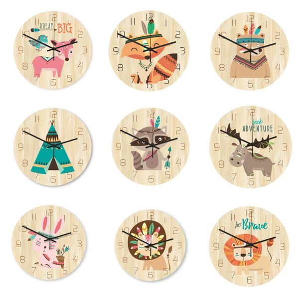 

30cm 14 styles mute sweep cartoon animal clock decor on the wall wood grain wall clock stickers for home decor