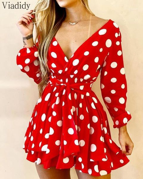 

women deep v-neck polka dot casual long sleeves dress elegant front tied a-line dress1, Black;gray