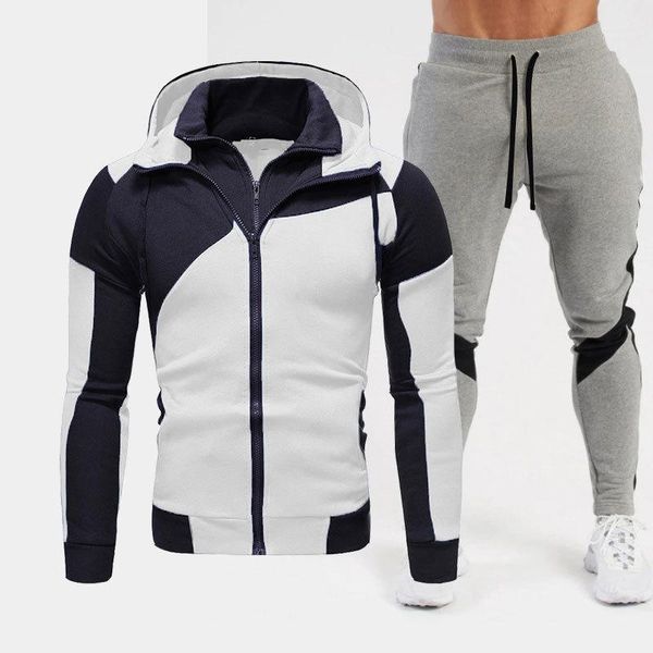 

2021 new color matching suit men's casual sports two-piece set double-layer zipper hooded men sweater suit set1, Gray
