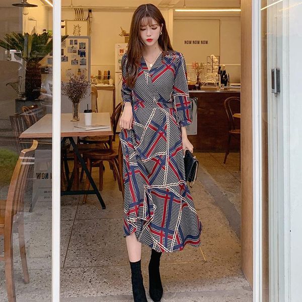 

women vintage plaid printed a-line sashes party dress 3/4 sleeve v neck elegant office lady dress 2020 new fashion1, Black;gray