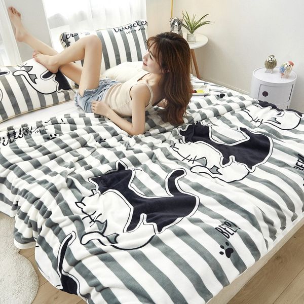 

cartoon cat soft print double-side thicken blanket throws flannel fleece microfiber pineapple black white striped bedsheet