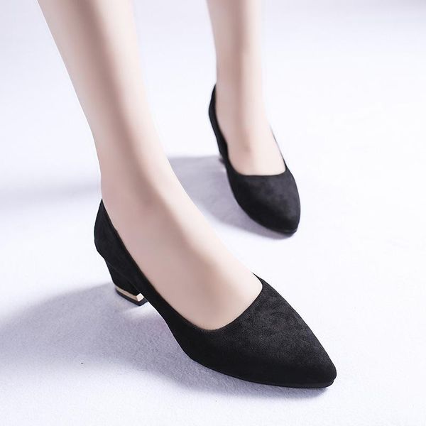 

dress shoes autumn spring casual woman pumps slip on shallow ladies work thick high heels solid flock women plus size, Black