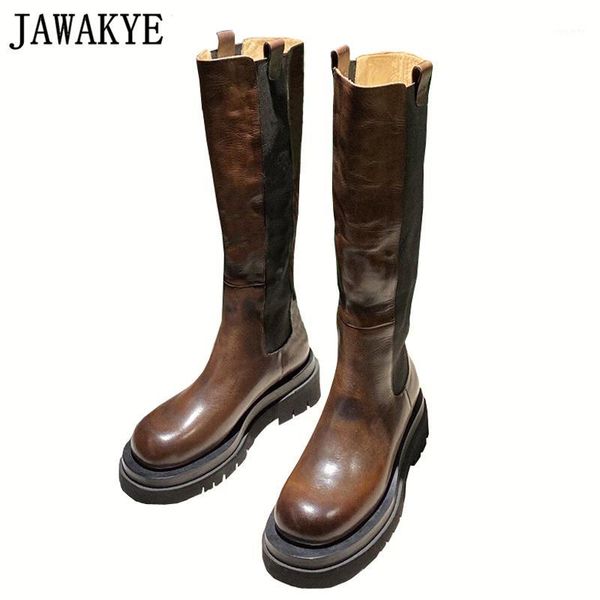 

british elastic slip-on knee high boots femmes black brown real leather round toe knight boots simple thick sole slim long botas1