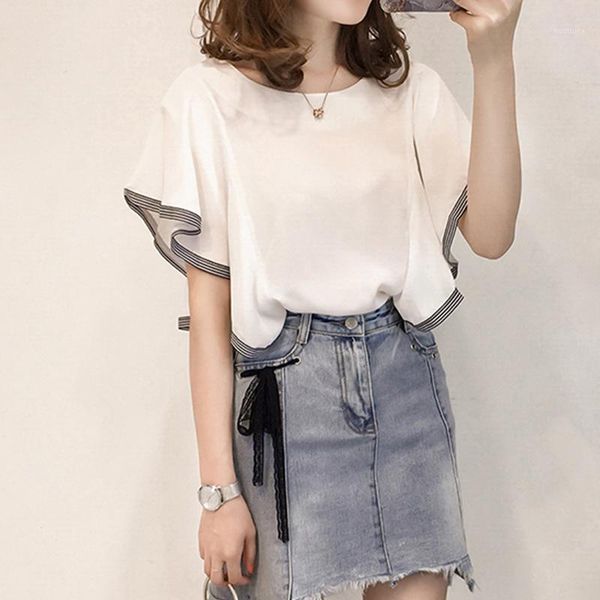 

2019 women blouses summer casual ruffles chiffon shirts short butterfly sleeve o-neck blouse shirts new1, White