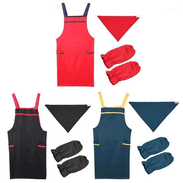 

aprons 2 pockets kitchen cooking apron+clean sleeves+kerchief kit baking dress1