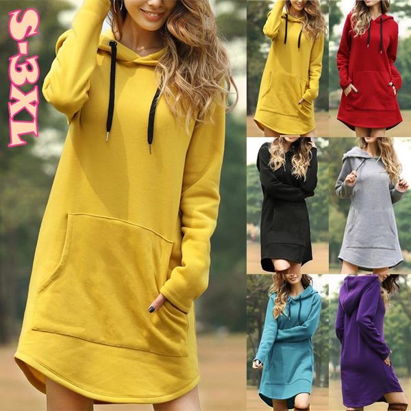 

6 colors winter women simple style pocket loose irregular hem hooded sweatshirt dress(s-3xl, Black;gray