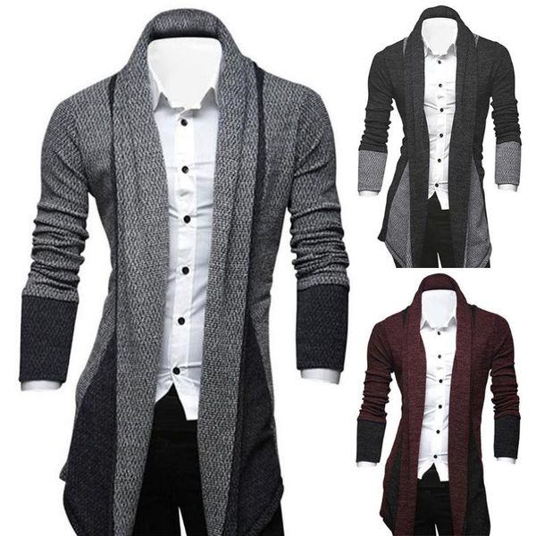 

korean style men sweater jackets long sleeve slim windbreaker wool cardigan sweaters knitted patchwork coats men male plus size, White;black