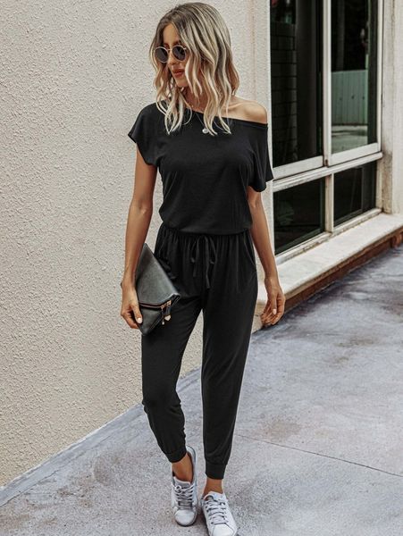 

solid drawstring waist keyhole back jumpsuit t1ee#, White