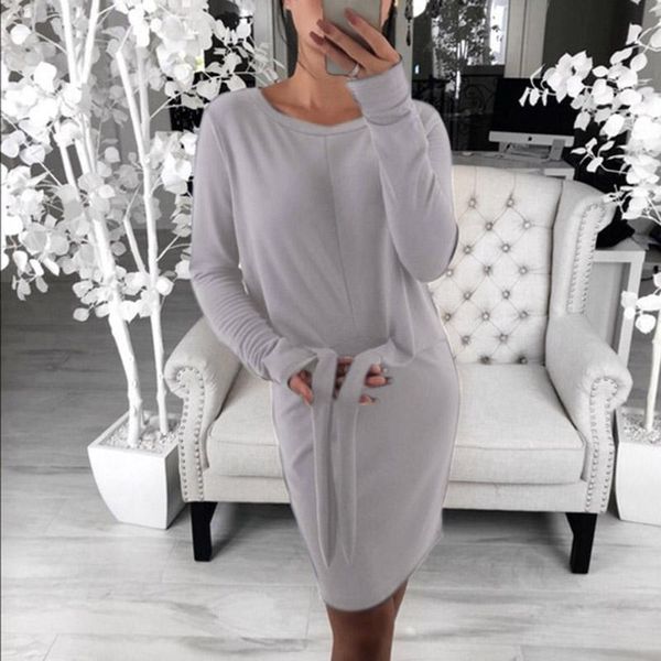 

women knee-length knitted cotton sweater dress autumn winter long sleeve lace-up waist tightening tight dress fashion vestidos, Black;gray