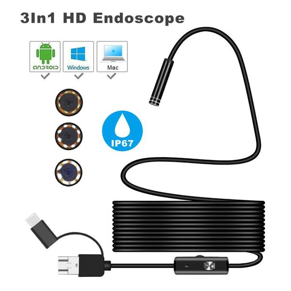 

3 in 1 7mm 6led type c micro usb endoscope inspection camera borescope waterproof soft cable for android pc