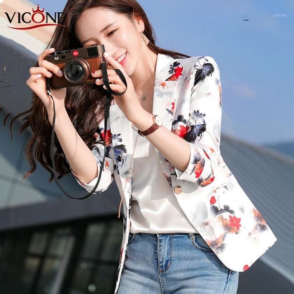 

2020 new spring autumn women's small suit retro printing middle-aged clothing korean short collection waist spring small coat1, White;black